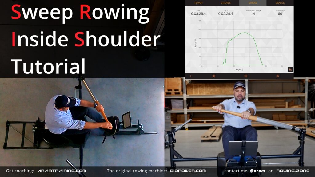Rower demonstrating correct inside arm position during sweep rowing on the BioRower PRO