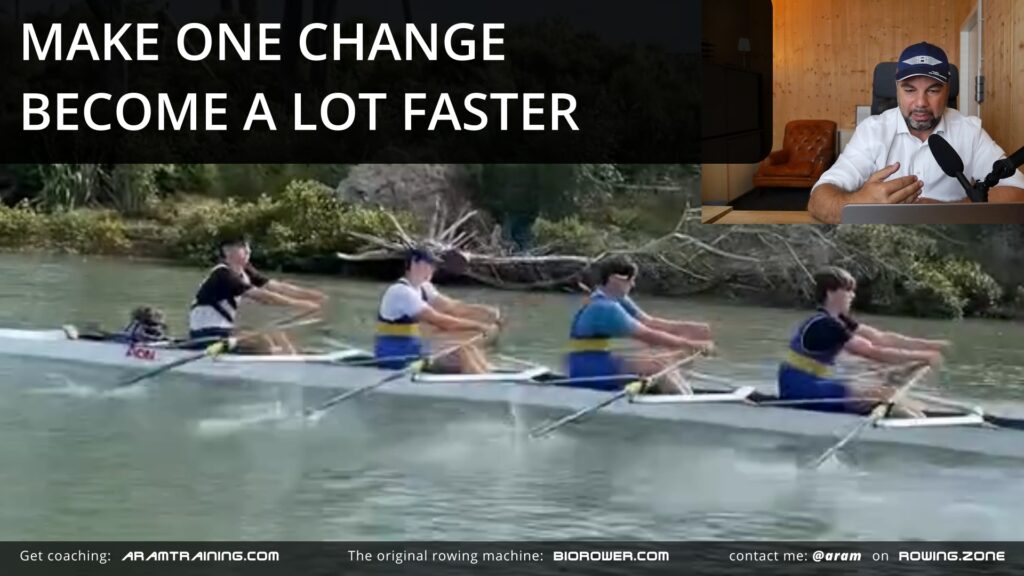 A Junior Quadruple Scull rowing hard at the start, but making a classic mistake