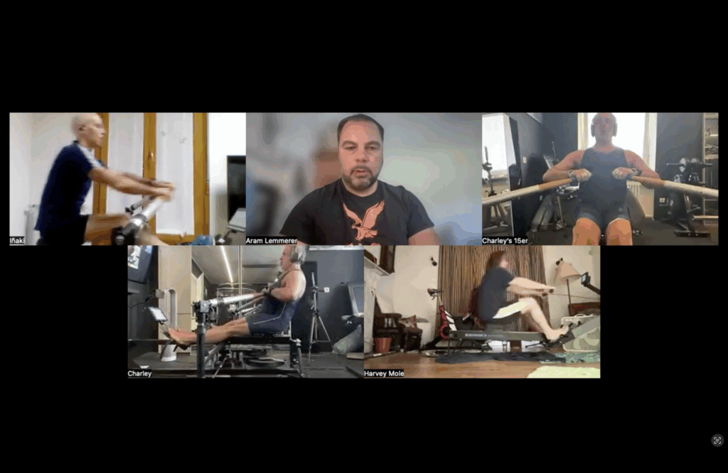 Coach Aram Lemmerer demonstrating proper upper body technique during a Zoom live rowing class, focusing on posture, arm movement, and core engagement.