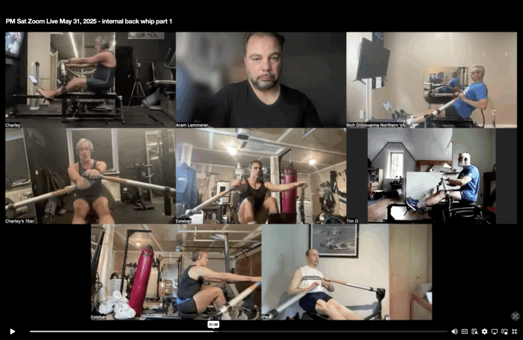 Coach Aram Lemmerer demonstrating proper upper body technique during a Zoom live rowing class, focusing on posture, arm movement, and core engagement.