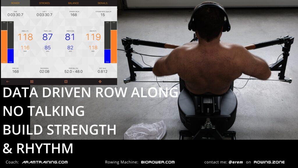 professional coach on a BIOROWER Pro rowing without shirt for better muscle visibility during a row along with low stroke rate. View from behind to provide the feeling of being in a double scull with the coach